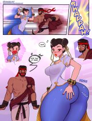 ass ass_focus big_ass bodyswap breasts_visible_through_clothing chun-li fight jiggle kannelart rule_63 ryu_(street_fighter) street_fighter street_fighter_6 thick_thighs thighs