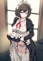 40hara apron armband bangs black_hair bob_cut breasts buttons dress eyebrows_visible_through_hair female garter_straps glaring green_eyes highres indoors itou_chitose iya_na_kao_sare_nagara_opantsu_misete_moraitai juliet_sleeves lifted_by_self long_sleeves looking_at_viewer maid maid_apron maid_headdress neck_ribbon panties puffy_sleeves red_ribbon ribbon ribbon-trimmed_panties short_hair solo standing thighhighs underwear white_legwear white_panties