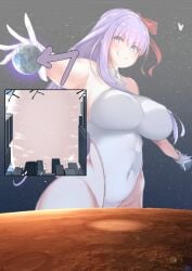 anime_style artist_request big_breasts blue_hair breasts city cityscape earth fate/grand_order fate_(series) fingers from_below giantess giga_giantess gloves hands large_breasts long_hair low_angle macrophilia mars planet purple_eyes purple_hair space stars tongue tongue_out twitter type-moon white_clothing white_gloves white_hair