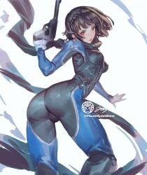 1girls atlus clothing female female_only firearm gun handgun looking_back makoto_niijima painting_(artwork) persona persona_5 phantom_thief_suit presenting_hindquarters pussy_peek revolver sega skin_tight solo thejettyjetshow weapon zero_suit