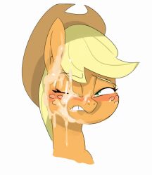 applejack_(mlp) baigak blonde_hair blush bodily_fluids clothing cowboy_hat cum cum_on_face earth_pony equid equine eyelashes female feral freckles friendship_is_magic genital_fluids green_eyes hair half-closed_eyes hasbro hat headgear headwear hi_res horse mammal my_little_pony narrowed_eyes one_eye_closed orange_body pony simple_background solo teeth white_background