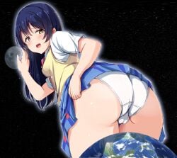 anime_style ass blue_hair blue_skirt brown_shirt earth edit giantess hi_res high_resolution highres holding_object long_hair love_live! love_live!_school_idol_project macrophilia moon panties planet shinonon shinonon_(iso_shino) sonoda_umi space stars twitter white_panties yellow_eyes