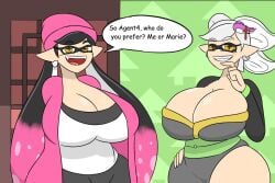 2girls agent_1_(splatoon) alternate_breast_size big_breasts black_hair breasts callie_(casual) callie_(splatoon) cleavage duo earrings fangs female female_focus female_only fully_clothed hat huge_breasts igphhangout inkling light-skinned_female light_hair light_skin long_hair marie_(octo_canyon) marie_(splatoon) massive_breasts mole mole_under_eye multicolored_hair multiple_girls nintendo pink_hair pointed_ears pointy_ears sharp_teeth short_hair silver_hair smile smooth_skin splatoon splatoon_2 splatoon_2:_octo_canyon symbol-shaped_pupils tentacle tentacle_hair twintails two_tone_hair white_hair yellow_eyes