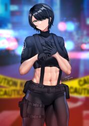 abs belt black_hair car caution_tape female gloves ground_vehicle gun handgun highres hololive hololive_gen_2 hololive_japan motor_vehicle muscular muscular_female navel oozora_subaru pistol police police_car police_uniform pouch ryo_(ryo_artys) short_hair suspenders thick_thighs thighs tomboy toned uniform virtual_youtuber weapon