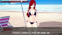 1boy 1girls 3d animated bakura's_place beach big_breasts bikini blowjob cum cumshot dark-skinned_male erza_scarlet fairy_tail fat_man fellatio handjob koikatsu male male_pov pov pov_eye_contact red_eyes red_hair small_penis sound text video