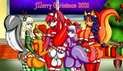 2021 absurd_res anthro archie_comics arm_warmers armwear balls bell black_collar black_nose blackfur blonde_hair blue_eyes blue_hair bracelet braixen brown_antlers brown_hair canid canine carmelita_fox chipmunk christmas christmas_clothing christmas_headwear christmas_present christmas_tree clothed clothing collar costume digital_drawing_(artwork) digital_media_(artwork) ear_piercing ear_ring embrace fake_antlers fan_character female fox fur futanari genitals girly green_arm_warmers green_clothing green_collar green_legwear green_shirt green_stripes green_topwear grey_body grey_fur ground_squirrel group group_hug gynomorph hair hand_on_back hand_on_butt hat headgear headwear hi_res holidays hug intersex jewelry ladyfoxheart leg_warmers legwear lips logo long_hair looking_at_viewer male mammal mephitid merry_christmas mistletoe nintendo orange_body orange_eyes orange_fur pattern_arm_warmers pattern_armwear pattern_clothing pattern_leg_warmers pattern_legwear piercing pink_arm_warmers pink_clothing pink_hat pink_headwear pink_legwear pink_lips pink_nose pink_shirt pink_topwear plant pokémon_(species) pokemon pokemon_(species) purple_body purple_eyes purple_fur purple_hair purple_stripes pussy red_body red_clothing red_collar red_fur red_hair red_hat red_headwear red_lips red_shirt red_topwear ribbons rodent sally_acorn sally_foxheart santa_costume santa_hat sciurid sega shirt skimpy skunk sky sly_cooper_(series) smile smiling_at_viewer snowflake sonic_(series) sonic_the_hedgehog_(archie) sonic_the_hedgehog_(comics) sonic_the_hedgehog_(series) sony_corporation sony_interactive_entertainment star starry_sky striped_arm_warmers striped_armwear striped_clothing striped_leg_warmers striped_legwear stripes sucker_punch_productions thick_lips top_hat topwear tree video_games white_arm_warmers white_balls white_body white_clothing white_fur white_hat white_headwear window writing_text