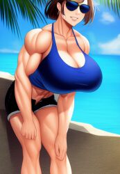 1girls abs ai_generated aviator_sunglasses bare_arms bare_legs bare_midriff bare_shoulders bare_thighs beach biceps blue-tinted_eyewear blue_eyes blue_tank_top broad_shoulders brown_hair cleavage crop_top day denim_shorts game_freak gigantic_breasts huge_breasts island large_breasts massive_breasts midriff muscle muscles muscular muscular_arms muscular_female muscular_legs muscular_thighs nintendo npc_trainer ocean palm_tree pokemon pokemon_sv seaside short_hair short_shorts shorts stable_diffusion sunglasses sweat tank_top thick_thighs tinted_eyewear tree voluptuous voluptuous_female wide_hips