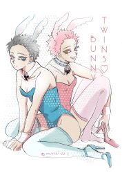 2girls akaza_(kimetsu_no_yaiba) alternate_costume black_hair blue_eyes bunny_ears bunny_girl bunnysuit clone demon_slayer detached_collar dual_persona female female_only genderswap_(mtf) hakuji high_heels kimetsu_no_yaiba looking_at_viewer mochi1261 neck_tattoo pink_hair rule_63 short_hair sitting small_breasts smile tattoo thighhighs very_short_hair wrist_cuffs yellow_eyes