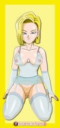 android_18 big_breasts blonde_hair blue_eyes breasts clothing detached_sleeves dragon_ball earring happy kneeling legwear light-skinned_female light_skin luigizion medium_hair simple_background thick_thighs thighhighs transparent_clothing vagina visible_nipples yellow_background