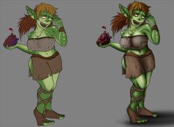 2015 bottomwear clothing female goblin green_body grey_background heart_(organ) humanoid humanoid_pointy_ears navel not_furry organs short_stack shortstack simple_background skirt smile solo valsalia