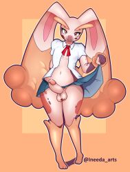 :3 anthro balls bedroom_eyes blush blush_lines bodily_fluids bottomwear clothed clothing clothing_lift fluffy_ears genitals hands_behind_back hi_res ineedanaccount lagomorph leporid lifted_by_self lopunny male mammal miniskirt narrowed_eyes nintendo open_clothing open_shirt open_topwear penis pokémon_(species) pokemon pokemon_(species) rabbit raised_hand school_uniform seductive shirt simple_background skirt skirt_lift smile solo solo_focus standing sweat sweatdrop topwear uniform video_games