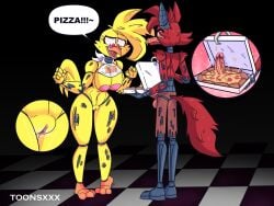 animatronic animatronics anthro areola big_ass big_breasts big_penis breasts chica_(fnaf) chicken clitoris cum ejaculation female female_anthro five_nights_at_freddy's five_nights_at_freddy's_2 fox foxy_(fnaf) male/female male_anthro male_anthro/female_anthro nipples_visible_through_clothing pizza pizza_box precum pussy_ejaculation pussy_juice scottgames toonsxxx vagina withered_chica withered_foxy