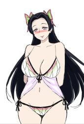 alternate_costume big_breasts black_hair blush butterfly_hair_ornament demon_slayer female female_only huge_breasts kimetsu_no_yaiba kochou_kanae lingerie long_hair momiji_(artist) negligee purple_hair side-tie_panties smile solo thick_thighs