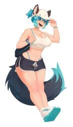 big_breasts breasts crop_top female harufeng midriff shorts tagme tank_top thong_straps