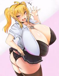 1girls alternate_version_available ass ass_cleavage big_ass big_breasts big_butt black_bra black_panties black_underwear blonde_hair bra breast_focus breasts breasts_focus bubble_butt butt_crack curvy fat_ass female female_focus female_only gyaru haks huge_breasts large_ass large_breasts light-skinned_female light_skin looking_back necklace open_mouth open_shirt original original_character panties red_eyes saaya_(kirome) simple_background sippufx skirt smile smiling solo solo_female solo_focus tagme thick_ass thick_thighs thighhighs thighs top_heavy twintails underwear virtual_youtuber voluptuous waving white_shirt