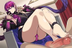 1boy 1girls 2022 absurd_res barefoot breasts dialogue drogod_(artist) evelynn feet female foot_fetish footjob gold_eyes hips holding_object huge_breasts k/da_evelynn k/da_series league_of_legends long_hair long_legs male no_text_version phone purple_hair slim_waist textless thick_thighs thighs uncensored wide_hips