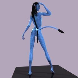 1girls 3d alien alien_girl alien_only avatar back back_view black_hair blue_skin braided_hair female fierox long_hair na'vi neytiri nude pussy slim solo standing tail vulva