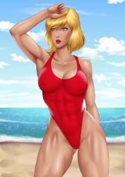 1girls beach blonde_hair fit_female hazel_eyes large_breasts medium_hair nasbak-cryman one-piece_swimsuit original original_character outside seaside thick_thighs