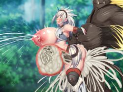 1monster big_breasts blush breasts busty capcom censored censored_penis female forest from_behind gigantic_breasts grabbing grabbing_from_behind huge_breasts human hyper hyper_penis inflation kawahagitei kirin_(armor) large_breasts massive_breasts monster monster_hunter nipples rajang tagme thick_thighs thighhighs thighs white_fur white_hair wood