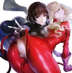 2girls ann_takamaki ass assisted_exposure atlus blonde_hair blush bodysuit breasts brown_hair earrings glassjill gloves green_eyes highres human jewelry long_hair makoto_niijima megami_tensei multiple_girls nipples open_clothes pale_skin persona persona_5 phantom_thief_suit pink_gloves pussy pussy_juice red_bodysuit red_eyes see-through_silhouette sega shiny shiny_clothes steam tail twintails uncensored yuri