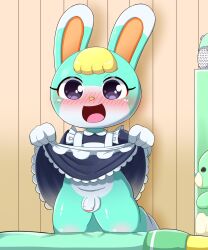 0227 1boy animal_crossing anthro balls blonde_hair blush clothed clothing clothing_lift crossdressing dress dress_lift flaccid fur genitals green_body green_fur hair hi_res kneeling lagomorph leporid maid_uniform male male_only mammal nintendo open_mouth open_smile penis purple_eyes rabbit sasha_(animal_crossing) smile solo uniform video_games