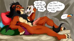 anthro anthrofied disney disney_villains english_text erection feline furry lion male male_only nelsonnoir penis pillow scar_(the_lion_king) skull solo_focus the_lion_king yellow_sclera zazu