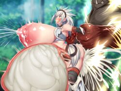 1monster big_breasts blush breasts busty capcom censored censored_penis female forest from_behind gigantic_breasts grabbing grabbing_from_behind huge_breasts human hyper hyper_inflation inflation kawahagitei kirin_(armor) large_breasts massive_breasts monster monster_hunter nipples rajang tagme thick_thighs thighhighs thighs white_fur white_hair wood