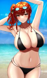 1girls 2022 ahoge armpits arms_above_head arms_up azur_lane beach bikini black_bikini breasts cleavage female female_only goggles goggles_on_head hair_ornament hi_res hips huge_breasts medium_hair minato81345 navel orange_eyes outdoors red_hair side_ponytail slim_waist smile thick_thighs thighs water wide_hips zara_(azur_lane) zara_(poolside_coincidence)_(azur_lane)