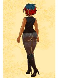 ass blue_hair boots bubble_butt danivere_(dual_dragons) dual_dragon female from_behind fully_clothed high_heels hips jeans original_character red_hair short_hair walking