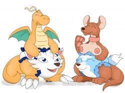 animal_crossing anthro blush brown_fur closed_eyes crossover diaper disney dragon dragonite furry kanga large_breasts living_diaper nelsonnoir nintendo nipples open_mouth pawpads pokemon pokemon_(species) pokemon_rgby skye_(animal_crossing) tail tan_scales whitney_(animal_crossing) winnie_the_pooh_(franchise)