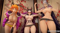 3d 3girls female female_only highres looking_at_viewer low-angle_view naanbeat nami nico_robin one_piece orange-tinted_eyewear post-timeskip sunglasses tinted_eyewear yamato_(one_piece)