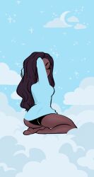 1girls arm_behind_head ass ass black_hair black_panties blue_background blue_sky blue_sweater breasts closed_eyes clouds dark-skinned_female dark_skin female female_focus hourglass_figure long_hair long_legs moon ohthesunnyside panties solo solo_female stars sweater thighs