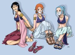 3girls alabasta armlet arms_behind_back barefoot black_hair blue_background blue_eyes blue_hair blue_nails bondage bound bound_ankles bound_wrists breasts brown_eyes cleavage cleave_gag cloth_gag cuffs earrings feet female female_only fully_clothed gag gagged halter_top halterneck harem_outfit high_heels improvised_gag jewelry kneeling long_hair lostonezero midriff multiple_girls nail_polish nami navel necklace nefertari_vivi nico_robin one_piece open_shoes orange_hair over_the_mouth_gag over_the_nose_gag ponytail pre-timeskip purple_eyes red_nails sandals shackles shadow shoes shoes_removed signature simple_background sitting skirt sleeveless sweat sweatdrop toe_ring toenail_polish toenails toes