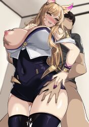 1boy 1girls 2022 absurd_res ahri areolae blonde_hair breast_grab breast_squeeze breasts drogod_(artist) erect_nipples faceless_male facial_markings female fluffy_ears fox_ears fox_girl gold_eyes hips huge_breasts huge_cock k/da_ahri k/da_series kitsune large_areolae league_of_legends long_hair male nipples no_text_version one_breast_out outercourse penis riot_games slim_waist textless thick_thighs thigh_sex thighs wide_hips