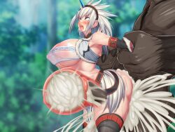 1monster big_breasts blush breasts busty capcom censored censored_penis female forest from_behind gigantic_breasts grabbing grabbing_from_behind huge_breasts human hyper hyper_penis inflation kawahagitei kirin_(armor) large_breasts massive_breasts monster monster_hunter nipples rajang tagme thick_thighs thighhighs thighs white_fur white_hair wood