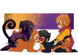 4boys all_fours anthro anthro_only ape ass_grab biting_lip black_fur clone clothed_male cum_on_floor foursome furry furry_only ginger_fur grabbing_ass grabbing_from_behind grabbing_waist holding_hands leaning_on_person lego lego_monkie_kid macaque macaque_(lego_monkie_kid) making_out male_only monkey monkey_king monkey_king_(lego_monkie_kid) monkie_kid naked_male nude penetration shadow_clone side_view six_eared_macaque sparkskun sun_wukong tail tail_coil tail_wrapped_around_body tail_wrapped_around_waist thrusting thrusting_into_ass