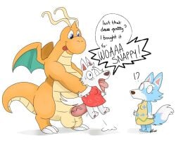 1boy 2girls animal_crossing antennae anthro blue_eyes blue_fur canine crossover dragon dragonite dress english_text furry large_breasts nelsonnoir nintendo pokemon pokemon_(species) pokemon_rgby rape skye_(animal_crossing) veiny_penis white_fur whitney_(animal_crossing) wings