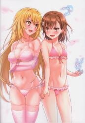 +_+ 2girls absurd_res arms_under_breasts ass_visible_through_thighs bangs bare_shoulders bare_thighs bikini biribiri blonde_hair blush breast_envy breasts brown_eyes brown_hair cleavage collarbone crossed_arms elbow_gloves electricity electrokinesis esper eyebrows_visible_through_hair fantasy feet_out_of_frame frilled_bikini frills front-tie_bikini front-tie_top gloves hair_between_eyes hair_ornament hips huge_filesize isshi_pyuma large_breasts long_hair looking_at_another medium_hair misaka_mikoto multicolored_eyes multiple_girls navel open_mouth pink_bikini psychic rivals scan shokuhou_misaki short_hair small_breasts smile socks sparkle sparkling_eyes star-shaped_pupils star_(symbol) stomach swimsuit symbol-shaped_pupils teenage_girl teenager thigh_socks thighhighs thighs to_aru_kagaku_no_railgun to_aru_majutsu_no_index v-shaped_eyebrows very_long_hair white_gloves white_socks yellow_eyes young