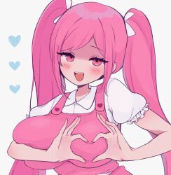 big_breasts blush clarevoir fully_clothed hands_on_breasts heart long_pigtails omori perfectheart_(omori) pink_eyes pink_hair woman