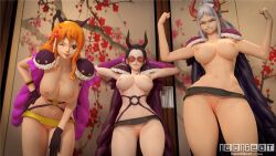 3d 3girls female female_only highres looking_at_viewer low-angle_view naanbeat nami nico_robin one_piece orange-tinted_eyewear post-timeskip sunglasses tinted_eyewear yamato_(one_piece)