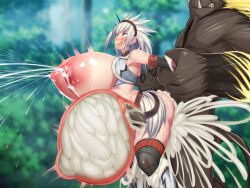 1monster big_breasts blush breasts busty capcom censored censored_penis female forest from_behind gigantic_breasts grabbing grabbing_from_behind huge_breasts human hyper inflation kawahagitei kirin_(armor) large_breasts massive_breasts monster monster_hunter nipples rajang tagme thick_thighs thighhighs thighs white_fur white_hair wood