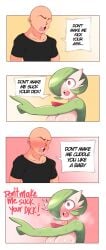 1boy 1girls 2022 3_fingers alternate_breast_size anthro arguing bald_man big_breasts blush blushing_profusely breasts chest_spike comedy comic_page dialogue english_text faceless_male female female_pokemon funny gardevoir green_hair hi_res huge_breasts human_on_pokemon humor male nintendo pokémon_(species) pokemon pokemon_(species) red_eyes saltyxodium sweat sweatdrop sweating sweaty_body tagme text white_body white_skin wholesome