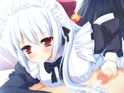 blush censored cum game_cg irina_vladimirovna_putina long_hair maid nimura_yuushi osananajimi_wa_daitouryou penis red_eyes ribbons white_hair