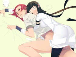 :o ass bed_sheet black_hair blue_eyes blush bottomless breath closed_eyes cum dress handjob hug hug_from_behind invisible_penis long_hair lying mono no_pants open_mouth penis reach_around red_hair shadow_of_the_colossus sheet_grab sweat tensugi_takashi wander_(shadow_of_the_colossus)