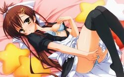 bra brown_hair kobuichi nipples panty_pull tenshinranman thighhighs underwear yamabuki_aoi yellow_eyes