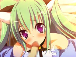 blush catgirl censored ezekiel fur game_cg green_hair long_hair nimura_yuushi osananajimi_wa_daitouryou penis purple_eyes tied_hair twintails