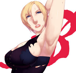 armpit armpits aya_brea bare_shoulders blonde_hair blue_eyes blush breasts cleavage female female_protagonist hand_behind_head large_breasts lips looking_at_viewer parasite_eve parasite_eve_the_3rd_birthday pose sawao short_hair sideboob solo square_enix sweat teeth thick_lips torn_clothes