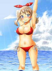 adahcm bikini blue_eyes breasts brown_hair female female_only hair_ribbon human human_only large_breasts may_(pokemon) may_(pokemon_oras) pokemon ribbon short_hair solo standing swimsuit