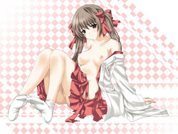 bare_shoulders blush bow breasts brown_eyes brown_hair checkered checkered_background collarbone female footwear hairbow hakama highres japanese_clothes knees_touching kuro_(kuronell) long_hair miko navel nipples off_shoulder open_clothes open_shirt original pussy ribbons shirt sitting skirt skirt_pull socks solo tabi tied_hair twintails uncensored upskirt white_legwear