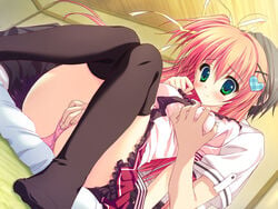 breast_grab fingering game_cg green_eyes hoshizora_e_kakaru_hashi nakatsugawa_ui panties pink_hair ryohka thighhighs underwear